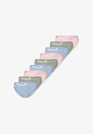 Set van tien damesslips van zacht katoen. Kleuren zijn onder andere roze, lichtblauw en groen. Voorzien van een elastische tailleband met merklogo.