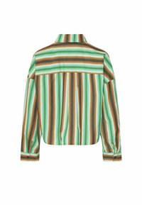 Striped, collared shirt in green, brown, and white. Long sleeves with buttoned cuffs, relaxed fit, and back yoke detail. Cotton blend fabric.