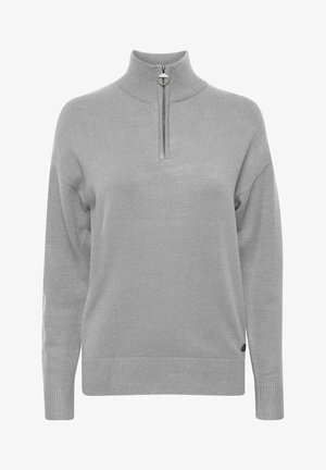 Sivý pulóver so vysokým golierom a polovičným zipsom. Hladký textil s dlhými rukávmi a malým logom na leme.