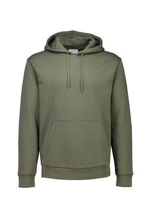 Olijfgroene hoodie van katoenmix, met een voorste kangoeroezak, trekkoord capuchon en ribgebreide manchetten en zoom. Vlotte textuur.