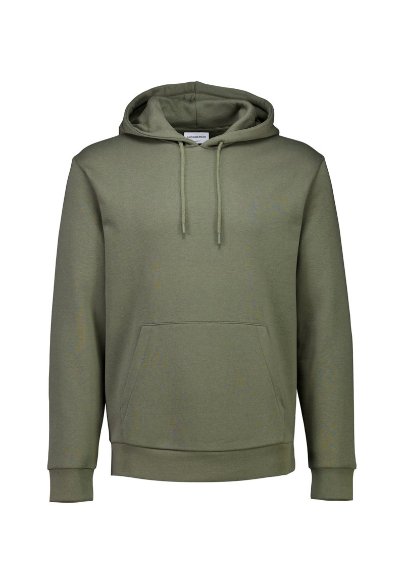 Felpa verde oliva realizzata in misto cotone, con tasca frontale a marsupio, cappuccio con cordino e polsini e orlo a costine. Tessuto liscio.