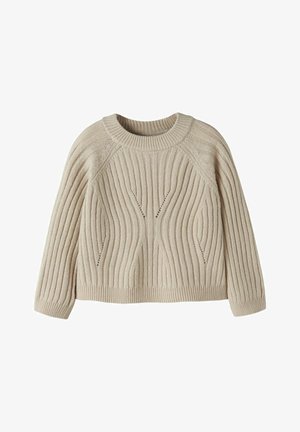 Bež kampsweater ribade tekstuuriga, ümmarguse kaelusega ja raglanvarrukatega. Detailideks on lainelised mustrid ja väikesed lõiked.