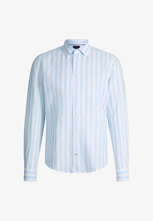 Herrenhemd mit langen Ärmeln, Knopfleiste, vertikalen hellblauen und weißen Streifen sowie spitzem Kragen, präsentiert auf weißem Hintergrund.