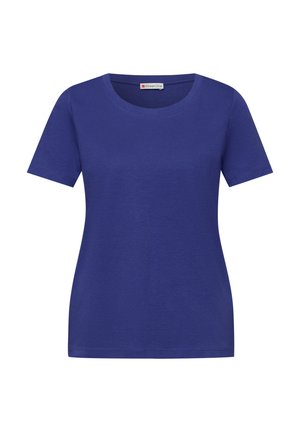 T-shirt bleu pour femme à manches courtes et col rond, coupe ajustée, présenté sur un fond blanc.