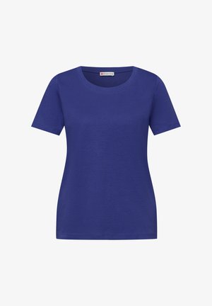Kurzärmeliges Damen-T-Shirt in Blau mit Rundhalsausschnitt und figurbetontem Schnitt, auf weißem Hintergrund dargestellt.