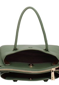 Borsa verde con trama, due manici, una tasca interna con cerniera e chiusura magnetica. Realizzata in pelle liscia con cerniera dorata.
