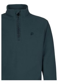 Dunkelgrüner Fleecpullover mit Viertel-Reißverschluss und kleinem gesticktem Logo auf der linken Brust.