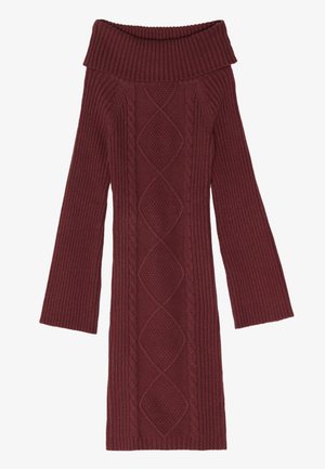 Bordo pulover bez ramena od pletenine s rebrastom teksturom, koji sadrži uzorke od kabelskog pletenja i duge, raširene rukave.