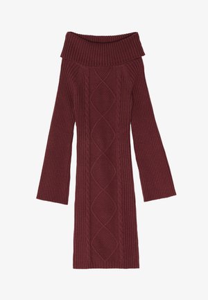 Bordo pulover bez ramena od pletenine s rebrastom teksturom, koji sadrži uzorke od kabelskog pletenja i duge, raširene rukave.