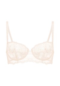 Blonde underwire bh i blødt beige med blomsterbroderi, bølgede kanter og tynde stropper. Gennemsigtig, feminin design med intrikate detaljer.