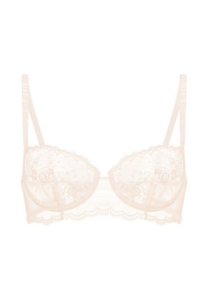 Blonde underwire bh i blødt beige med blomsterbroderi, bølgede kanter og tynde stropper. Gennemsigtig, feminin design med intrikate detaljer.