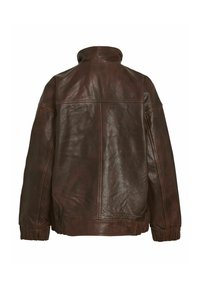 Pruun nahast jakk kõrge kraega, mugava lõikega, elastsetega mansettidega ja siledast materjalist. Omab peeneid õmblusi ja minimalistlikku disaini.