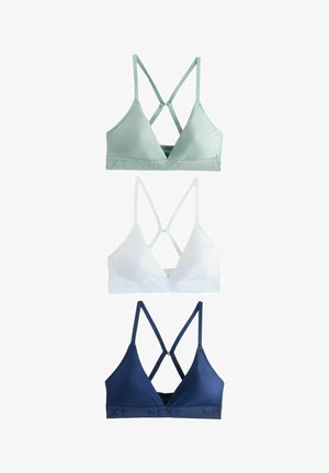 Drei gerippte Dreieck-Brusttops in Minzgrün, Weiß und Marineblau mit gekreuzten Rückenriemen und elastischen Bändern mit Markenlogo.
