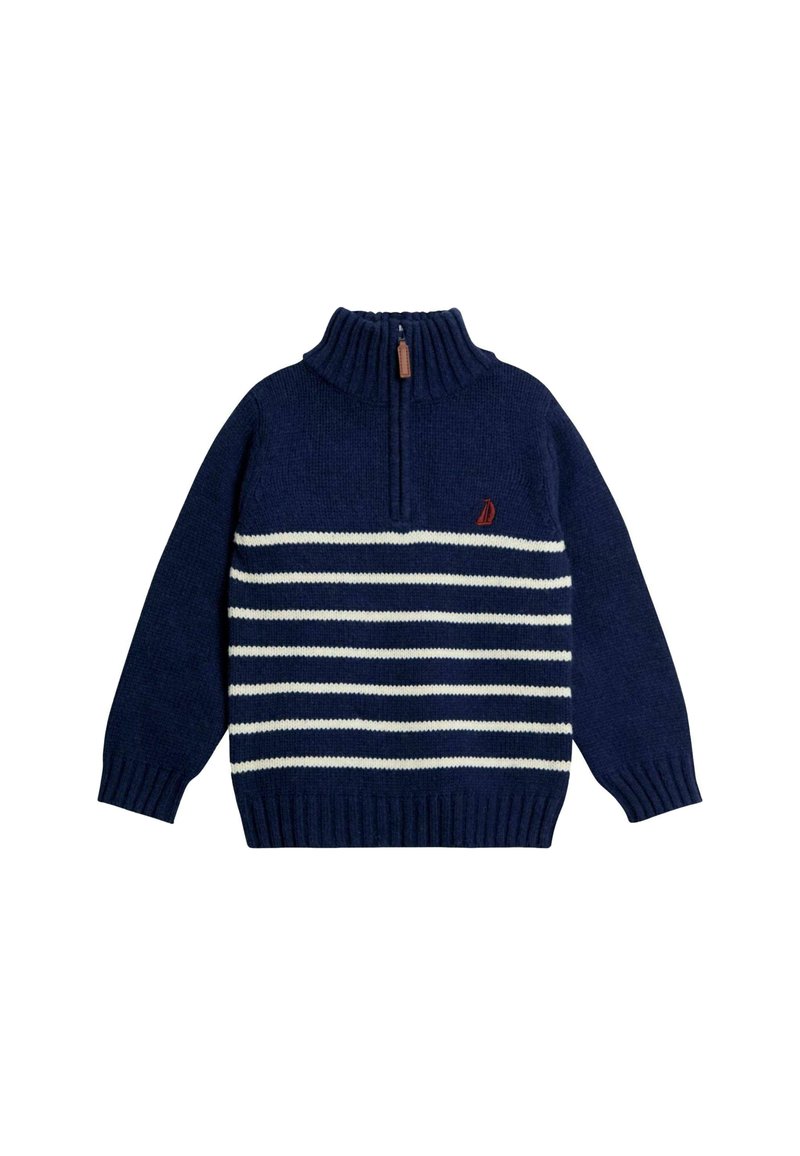 Navyblauem Strickpullover mit weißen horizontalen Streifen, Viertel-Reißverschluss und geripptem Kragen, gerippten Bündchen und kleinem roten Segelboot-Logo auf der Brust.