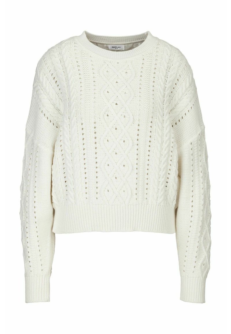 Witte gebreide trui met een kabelbreipatroon, ronde hals en geribde manchetten. Korte, boxy pasvorm met textuurdetails.