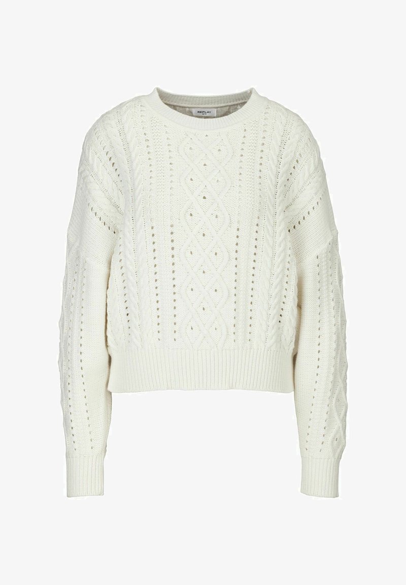 White knitted sweater featuring a cable knit pattern, crew neckline, and ribbed cuffs. Short, boxy fit with textured detailing.