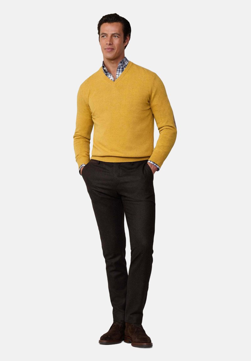 Pull en tricot jaune avec un col en V, porté par-dessus une chemise à carreaux bleue et blanche. Associé à un pantalon sombre et des chaussures marron.