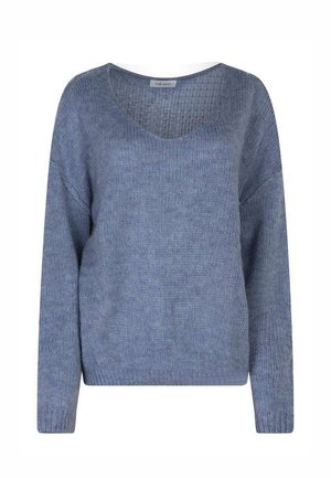 Pull bleu tricoté à manches longues avec col en V.