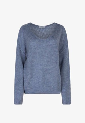 Pull bleu tricoté à manches longues avec col en V.