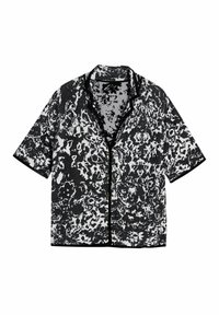 Short-sleeve shirt with a black and white abstract pattern, button front, and collar. Made of textured fabric with contrasting trim.