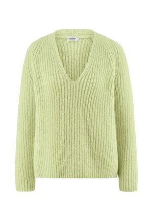 Lichtgroene gebreide trui met V-hals, voorzien van een geribde textuur en lange mouwen. Zacht materiaal verhoogt het comfort en de warmte.