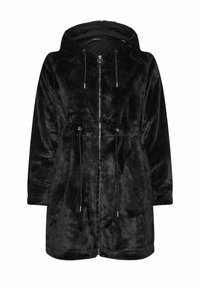Cappotto in pelliccia sintetica nera con vita regolabile tramite cordino, chiusura con zip e cappuccio. Caratterizzato da una texture morbida e maniche lunghe, progettato per offrire calore.