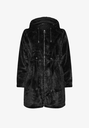 Abrigo de piel sintética negro con cintura ajustable, cierre de cremallera y capucha. Presenta una textura suave y mangas largas, diseñado para proporcionar calor.