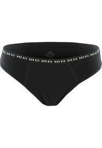 Black briefs made of soft, stretchy fabric. Features a wide elastic waistband with "NUR DIE" printed in white, and stitched seams.