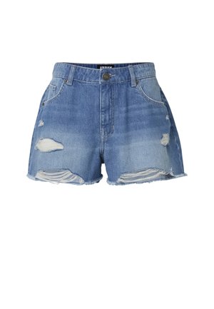 Modré džínsové šortky so strapcami na okrajoch a ošúchanými časťami vpredu a pri vreckách, zapínané na gombík a zips.