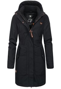 Zwarte parka jas met capuchon, voorzien van een frontrits en drukknoopsluiting, twee zijzakken en een gevoerde binnenkant met bloemmotiefdetails.