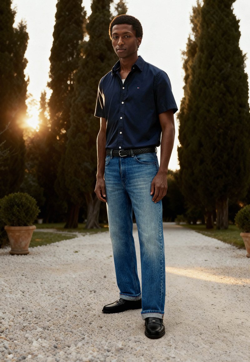 Ung mand står på en grussti mellem høje træer ved solnedgang, iført en mørk kortærmet skjorte, blå jeans, sort bælte og sorte sko.