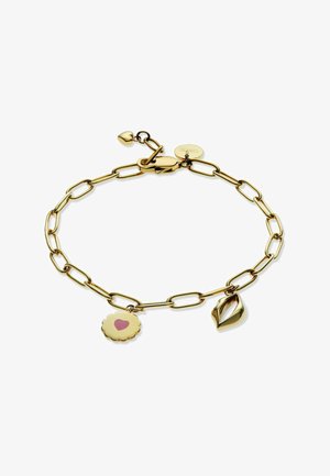 Bracciale a catena dorata con un ciondolo smerlato con cuore rosa e un ciondolo a forma di foglia, chiuso con un moschettone e una catenella di estensione.