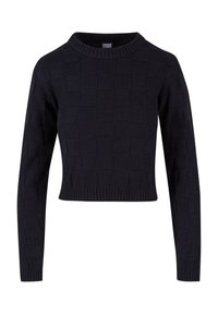 Pull noir en tricot à manches longues avec un motif à carreaux, col rond, poignets et taille côtelés, coupe courte, étiquette Urban Classics.