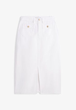 Jupe en jean blanc avec une fente à l'avant, deux poches à fermeture par bouton et des détails cousus. Texture lisse créant une apparence élégante.