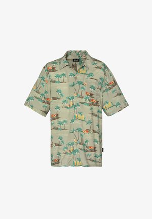 Kortærmet skjorte med knapper, beige bundfarve, grønne palmeprint, orange blomster og surfbræt-detaljer.