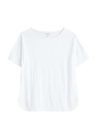 Tricou alb din bumbac, cu decolteu rotund, mâneci scurte și tiv rotunjit. Textură netedă fără modele sau accente vizibile.