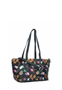 Borsa nera intrecciata con motivo floreale, caratterizzata da due spallacci lunghi e una tracolla regolabile con fibbia.