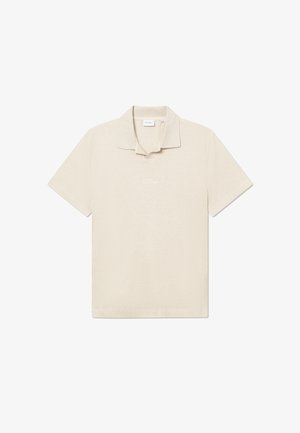 Beige Poloshirt mit kurzen Ärmeln aus strukturiertem Stoff. Verfügt über einen klassischen umklappbaren Kragen und ein dezentes gesticktes Logo auf der Brust.