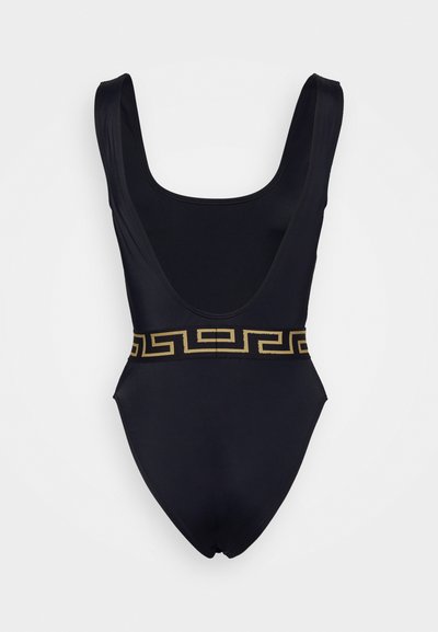 Black one-piece swimsuit featuring a low scoop back and a metallic gold geometric patterned waistband. Smooth fabric with a fitted design.