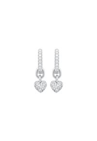 Orecchini in argento con un design circolare, adornati da una fila di piccoli gemme, che terminano in un pendente a forma di cuore incastonato con cristalli più grandi.