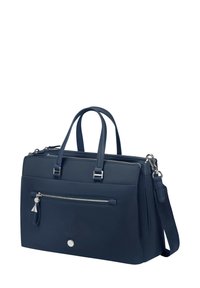 Navy blue synthetic handbag with dual top handles, detachable shoulder strap, exterior zip pocket, and silver-toned hardware accents.