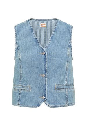 Hellblaue Jeansweste mit V-Ausschnitt, drei Metallknöpfen, zwei vorderen Paspeltaschen und gestreifter Innenfutter.