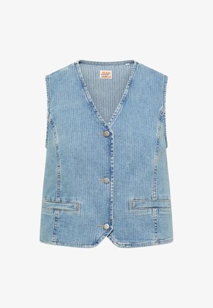 Hellblaue Jeansweste mit V-Ausschnitt, drei Metallknöpfen, zwei vorderen Paspeltaschen und gestreifter Innenfutter.