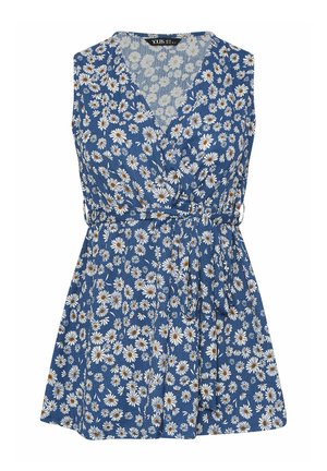 Ärmelloses blaues Wickelkleid mit weißem Gänseblümchenmuster und Taillengürtel zum Binden, V-Ausschnitt und A-Linien-Rock.