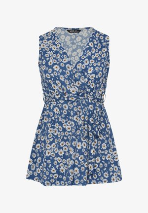 Ærmeløs blå omslagskjole med hvid tusindfrydblomstret print og bælte i taljen, V-udskæring og A-formet nederdel.