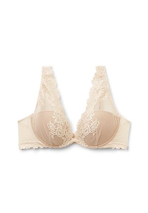 Beige kanten bh met gevoerde cups, intrigerende bloemenkant details, brede kanten rand en gladde zijkanten. Verstelbare bandjes en haaksluiting.