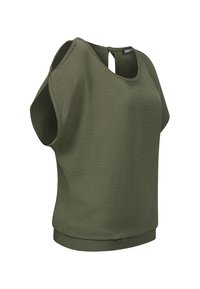 Olivengrønn topp med korte ermer og teksturert overflate, med båthals og nøkkelhull-detalj bak.