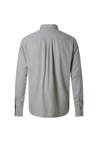 Camicia a maniche lunghe con bottoni in tessuto grigio chiaro. Presenta un colletto, una piega sulla schiena e polsini regolabili con chiusura a bottone. Tessuto liscio.