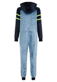 Combinaison en polaire une pièce pour enfants avec un corps bleu clair, des manches et une capuche noires, et deux bandes vert néon sur chaque manche.
