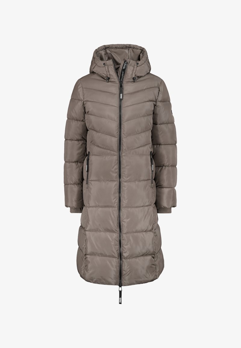 Langer taubefarbener, gepolsterter Wintermantel mit Kapuze, durchgehendem Zipper, seitlichen Reißverschluss-Taschen und gerippten Bündchen.